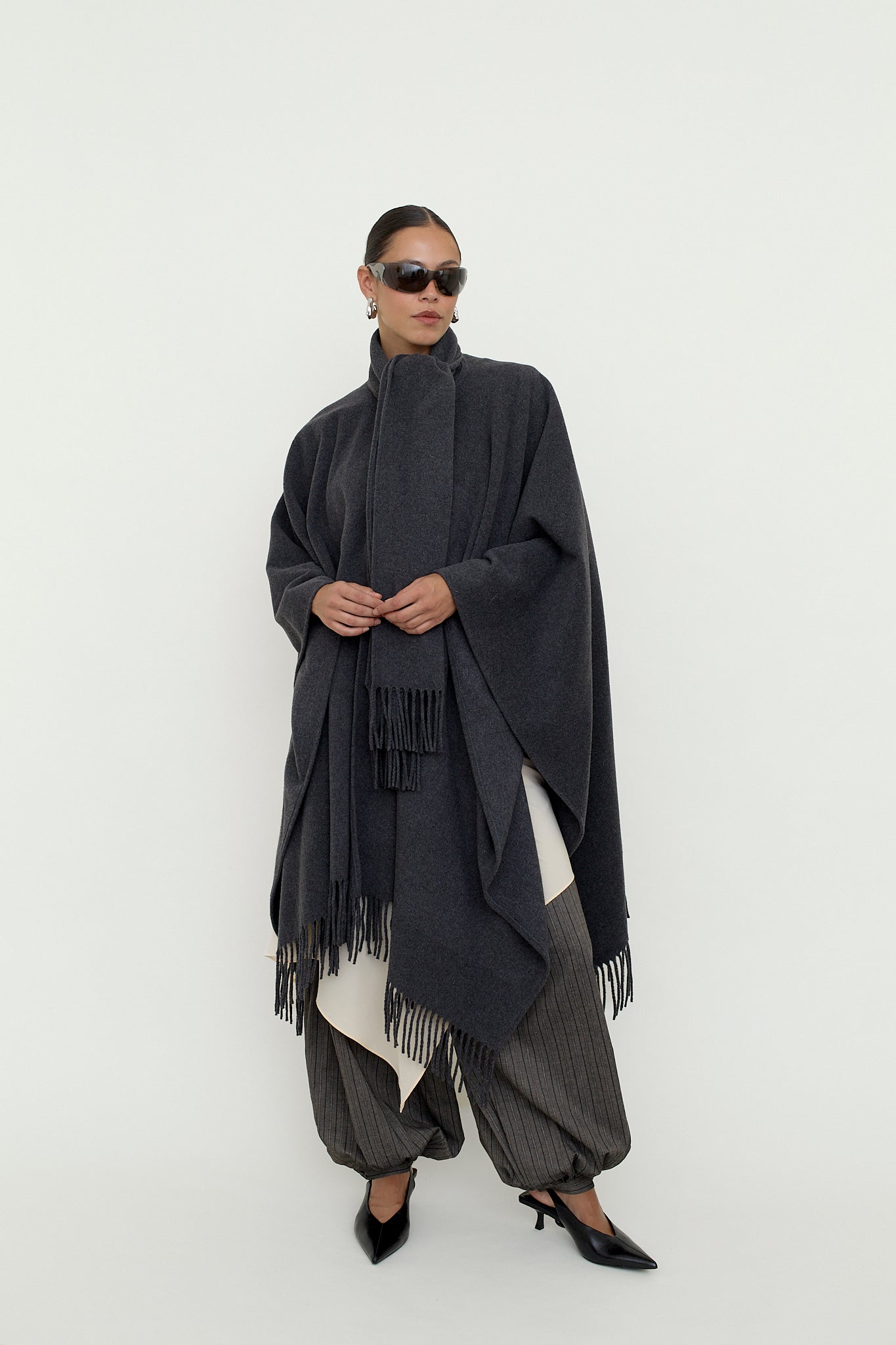 Wool blend fringed poncho