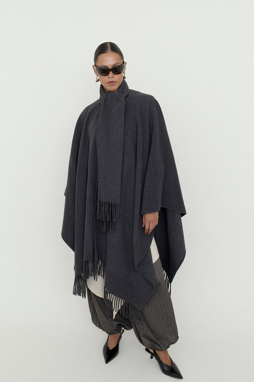 Wool blend fringed poncho