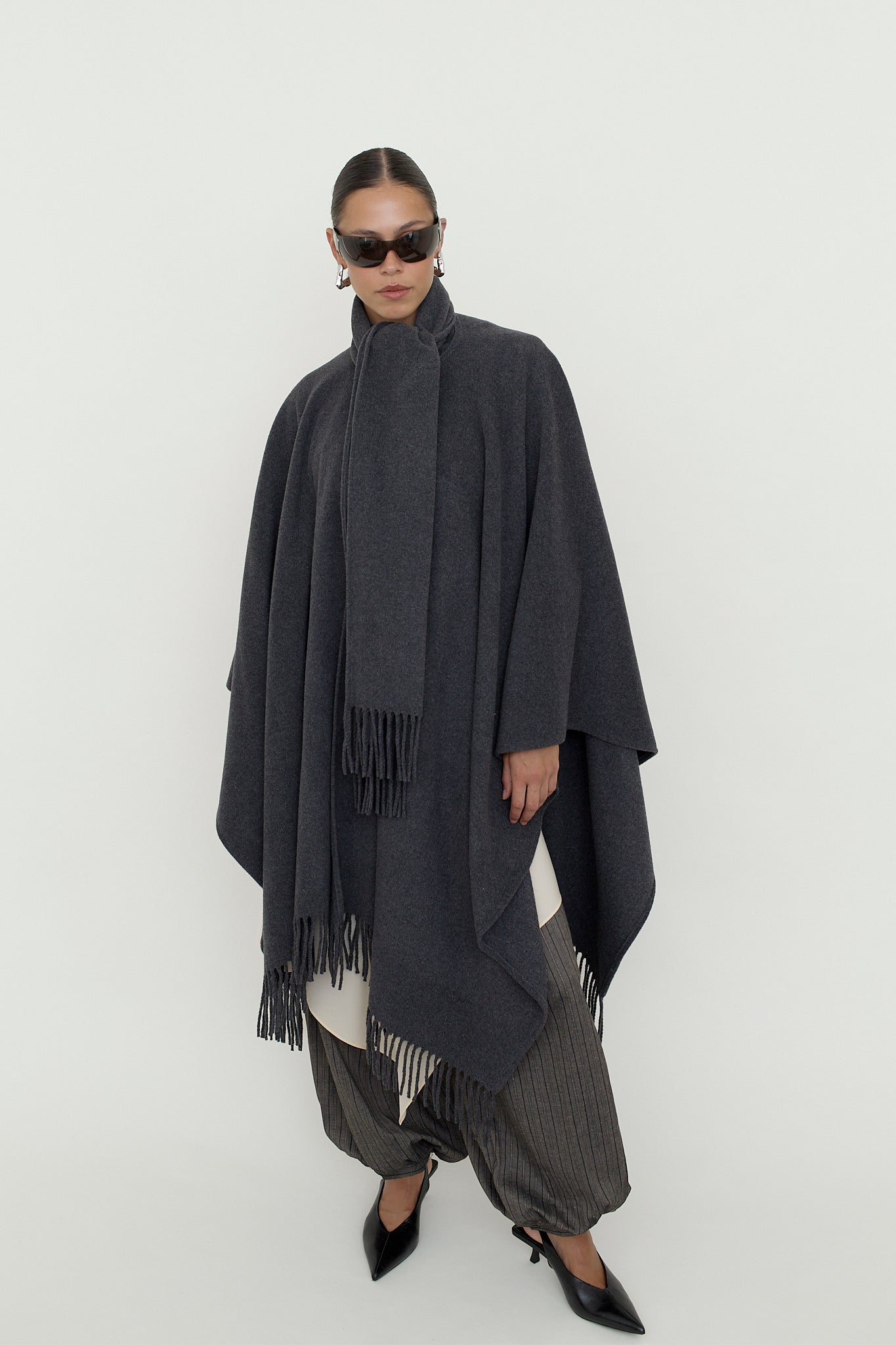 Wool blend fringed poncho