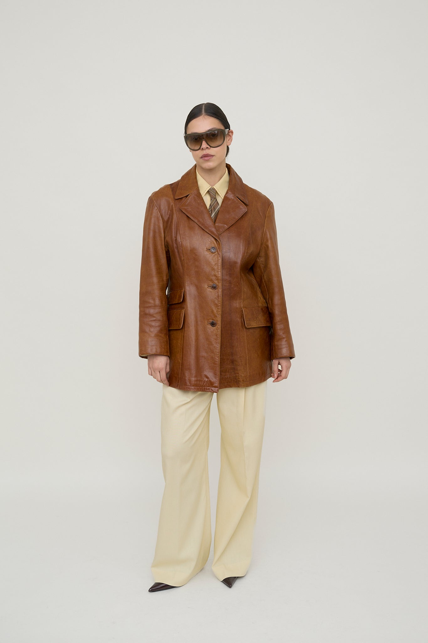 70s cognac tailored leather coat