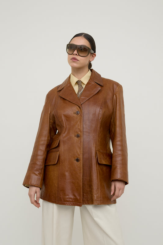 70s cognac tailored leather coat