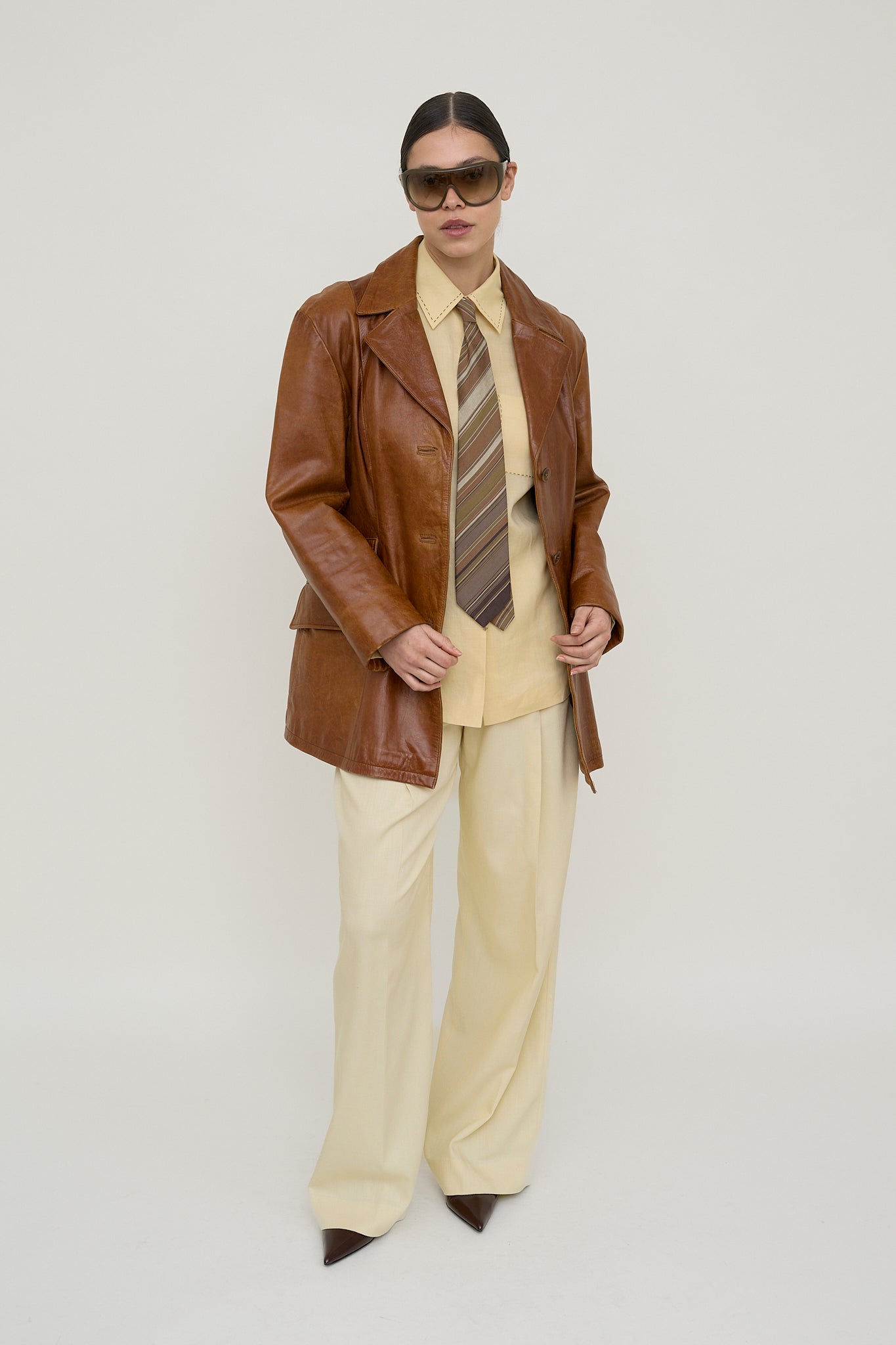 70s cognac tailored leather coat