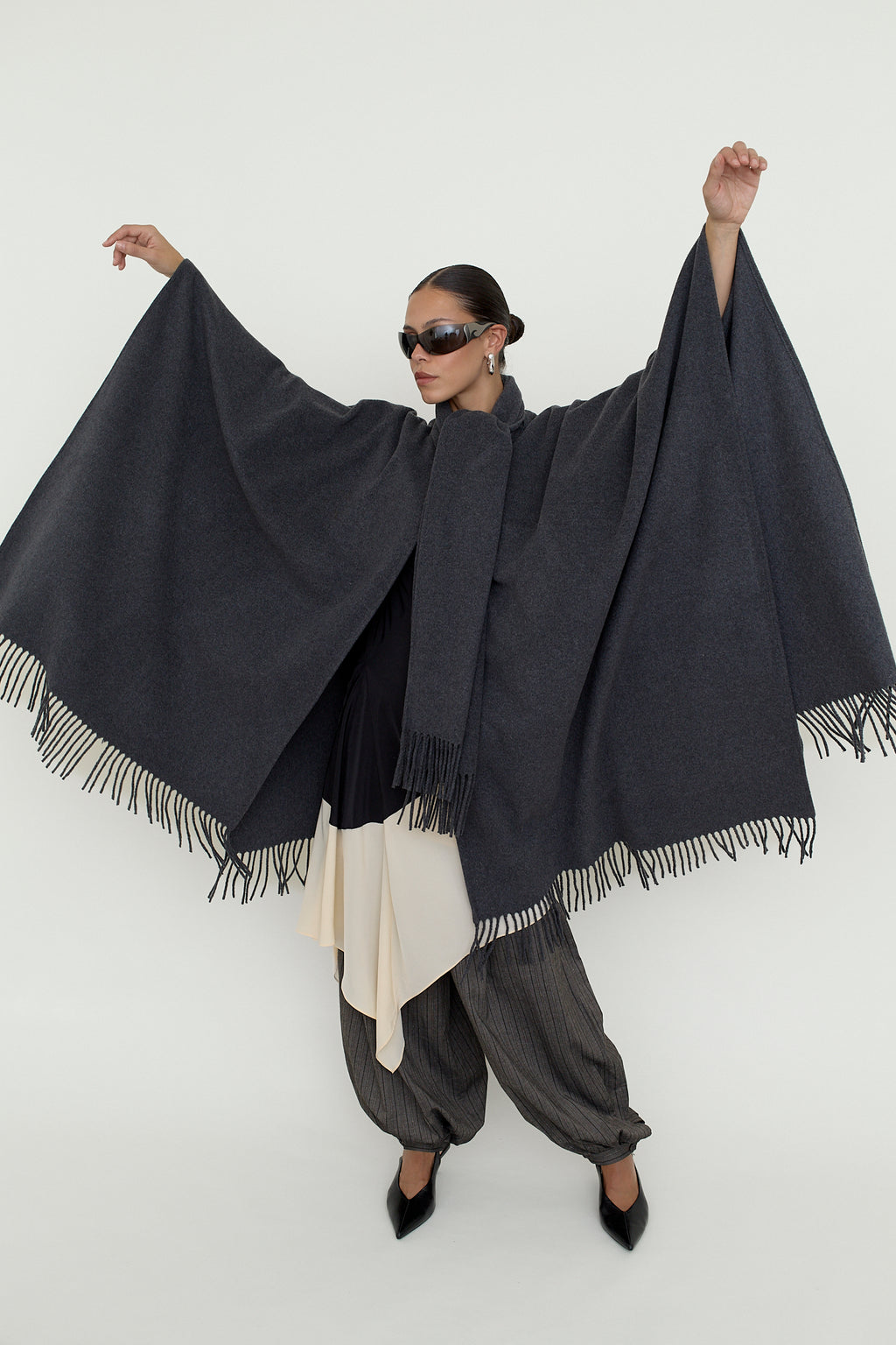 Wool blend fringed poncho