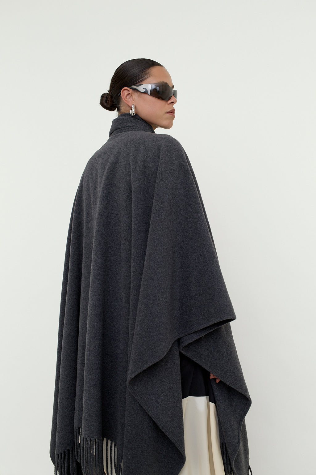 Wool blend fringed poncho