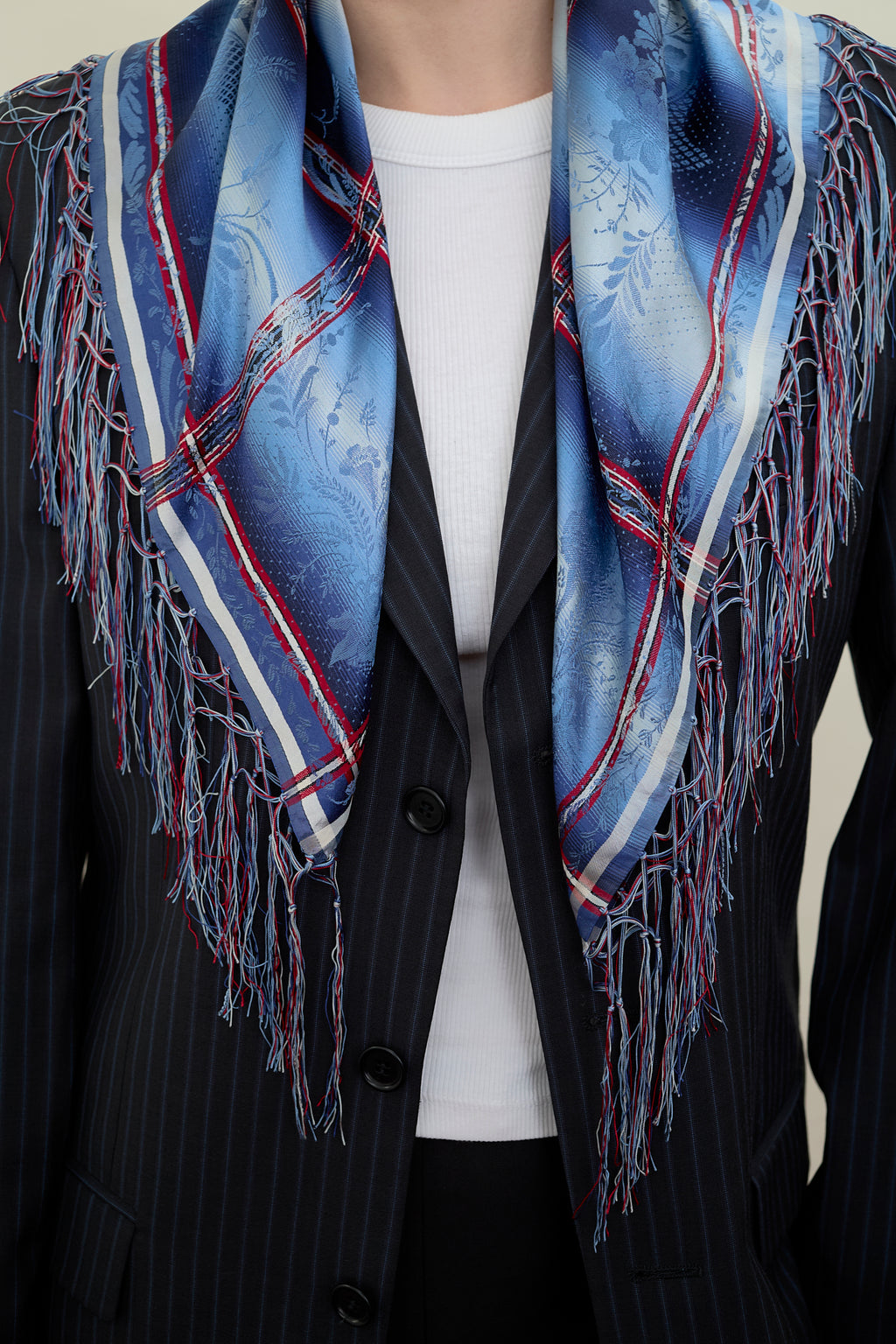 Silk plaid fringe scarf