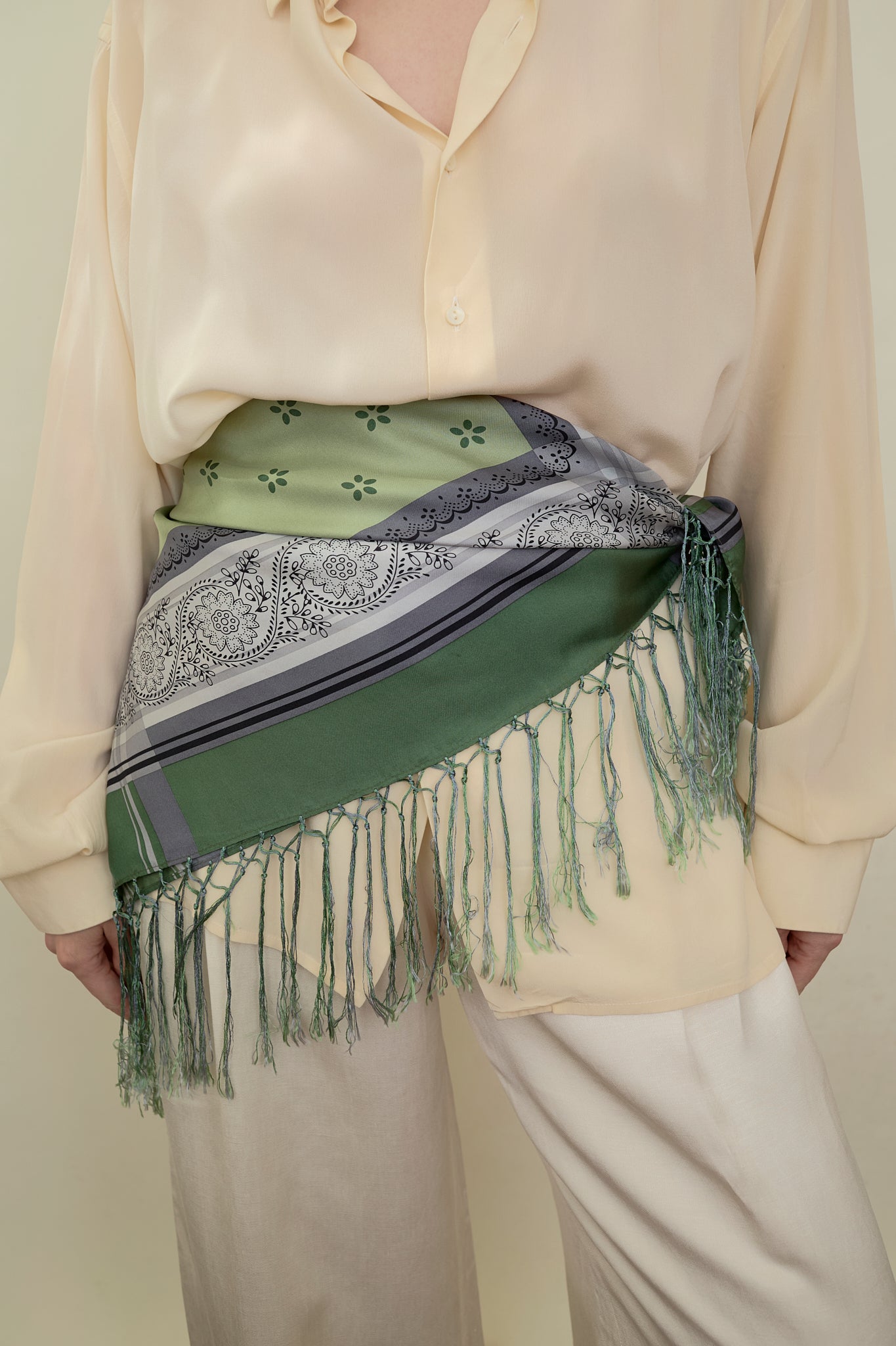 Silk patterned fringe scarf