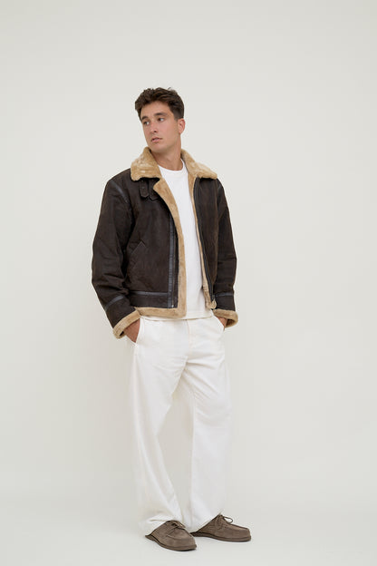 Sherpa-lined leather jacket