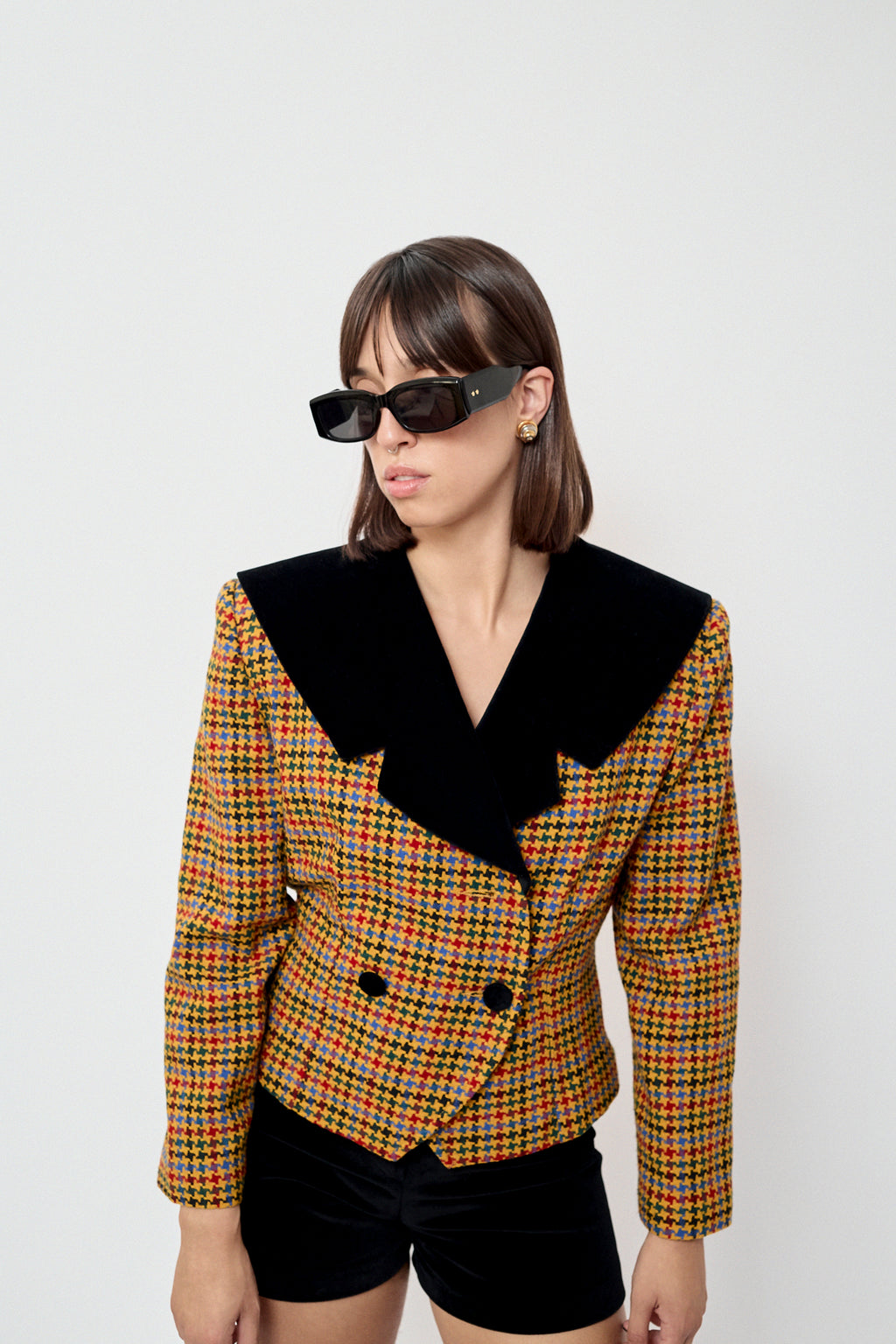 Velvet shorts & tweed blazer suit