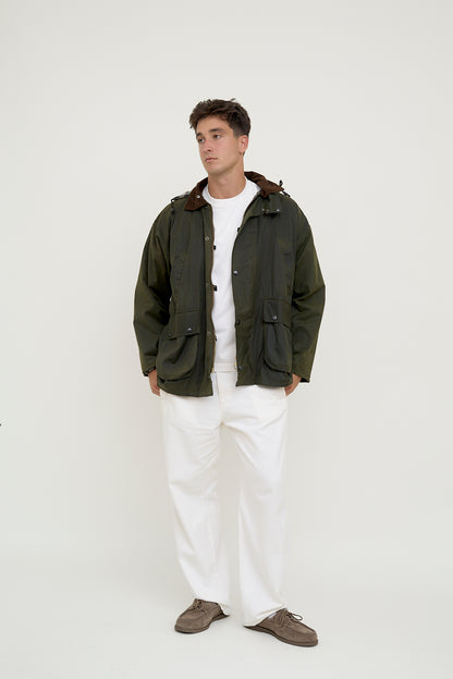 Waxed rain jacket with padding