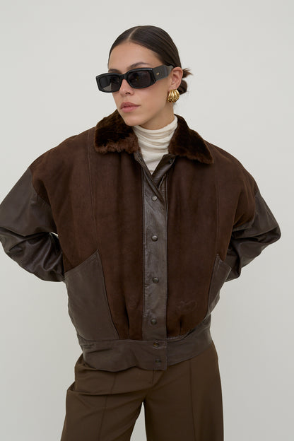 Leather bomber jacket with fur