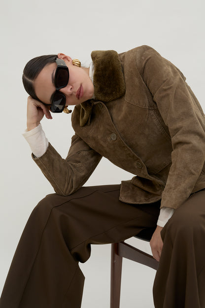 Suede leather jacket with faux fur collar