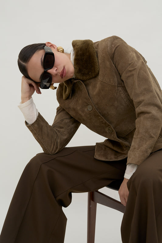 Suede leather jacket with faux fur collar