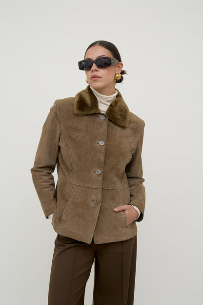 Suede leather jacket with faux fur collar