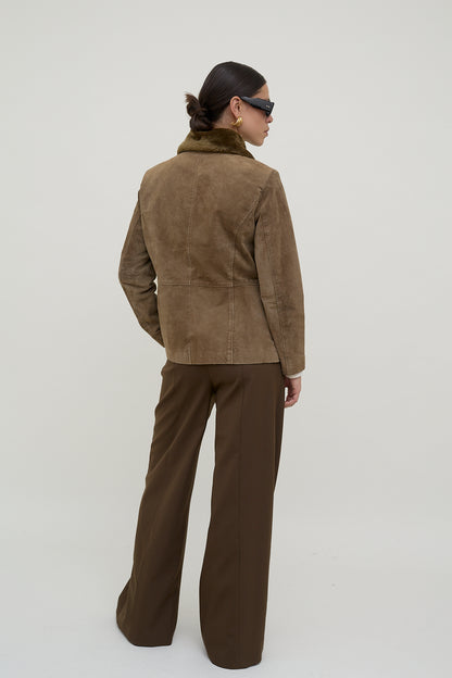 Suede leather jacket with faux fur collar