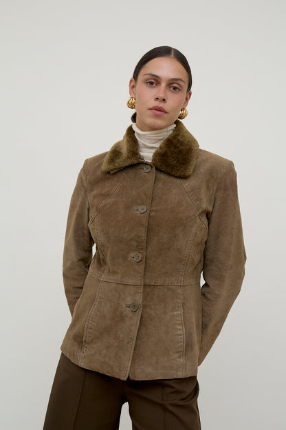 Suede leather jacket with faux fur collar