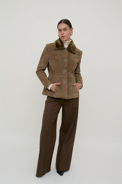 Suede leather jacket with faux fur collar
