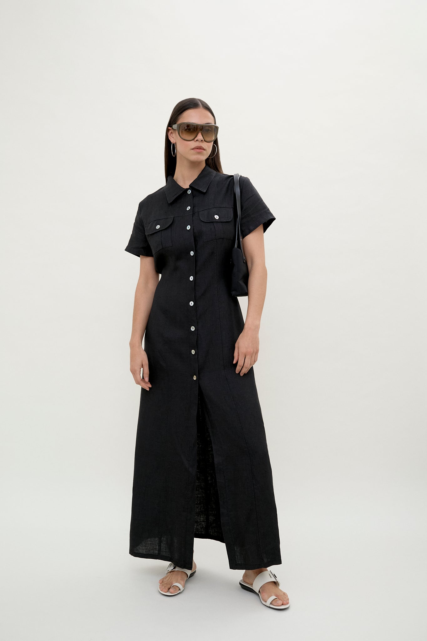 Black linen shirt dress