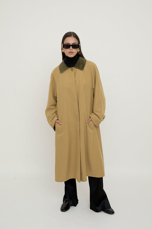 Beige A line trench coat with corduroy collar