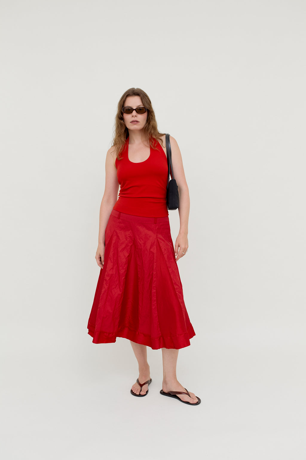 Red silk A-line midi skirt