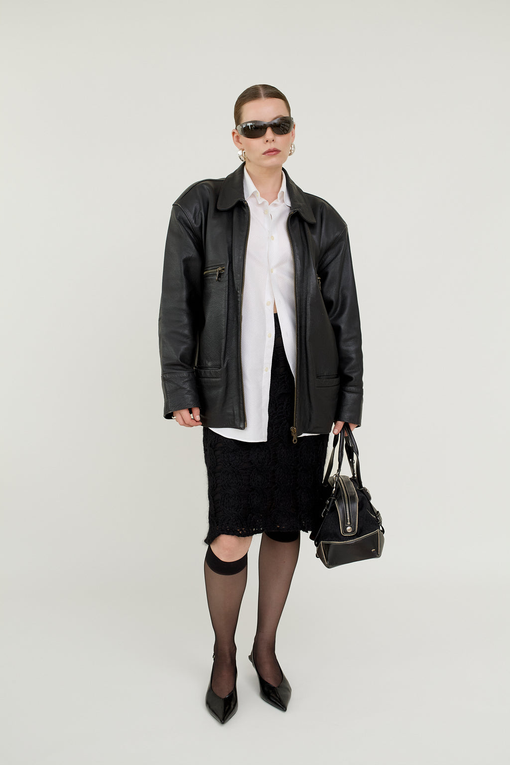 Black leather bomber jacket