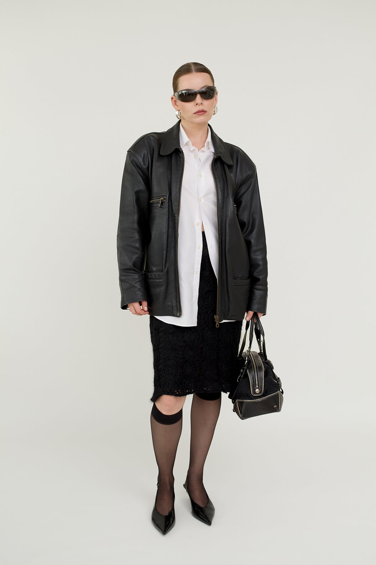 Black leather bomber jacket
