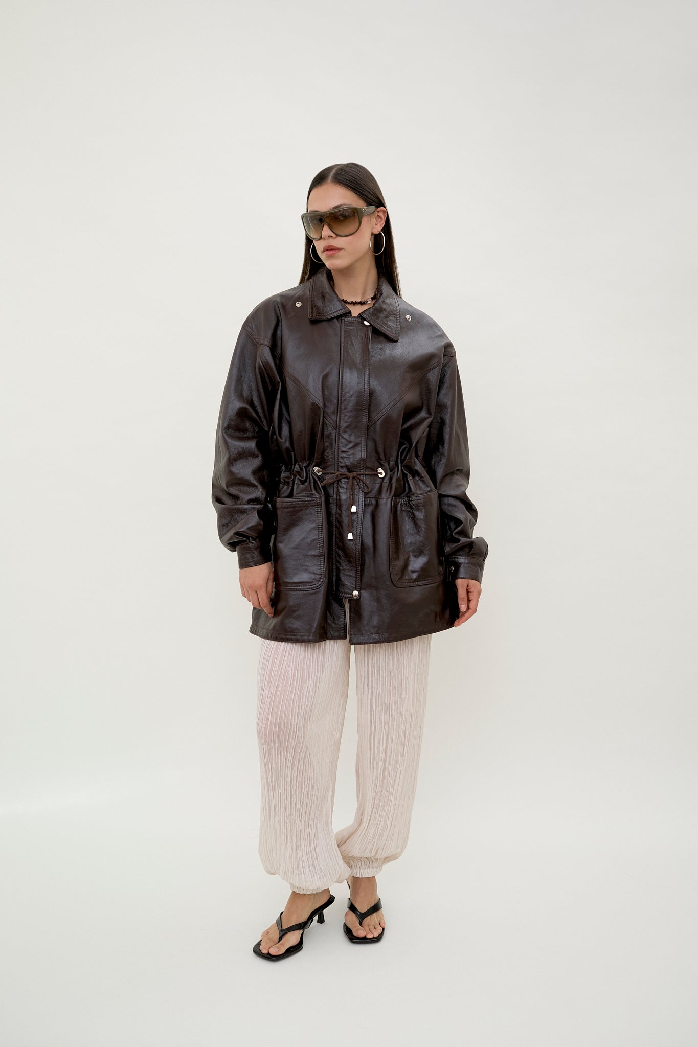 Dark brown leather parka