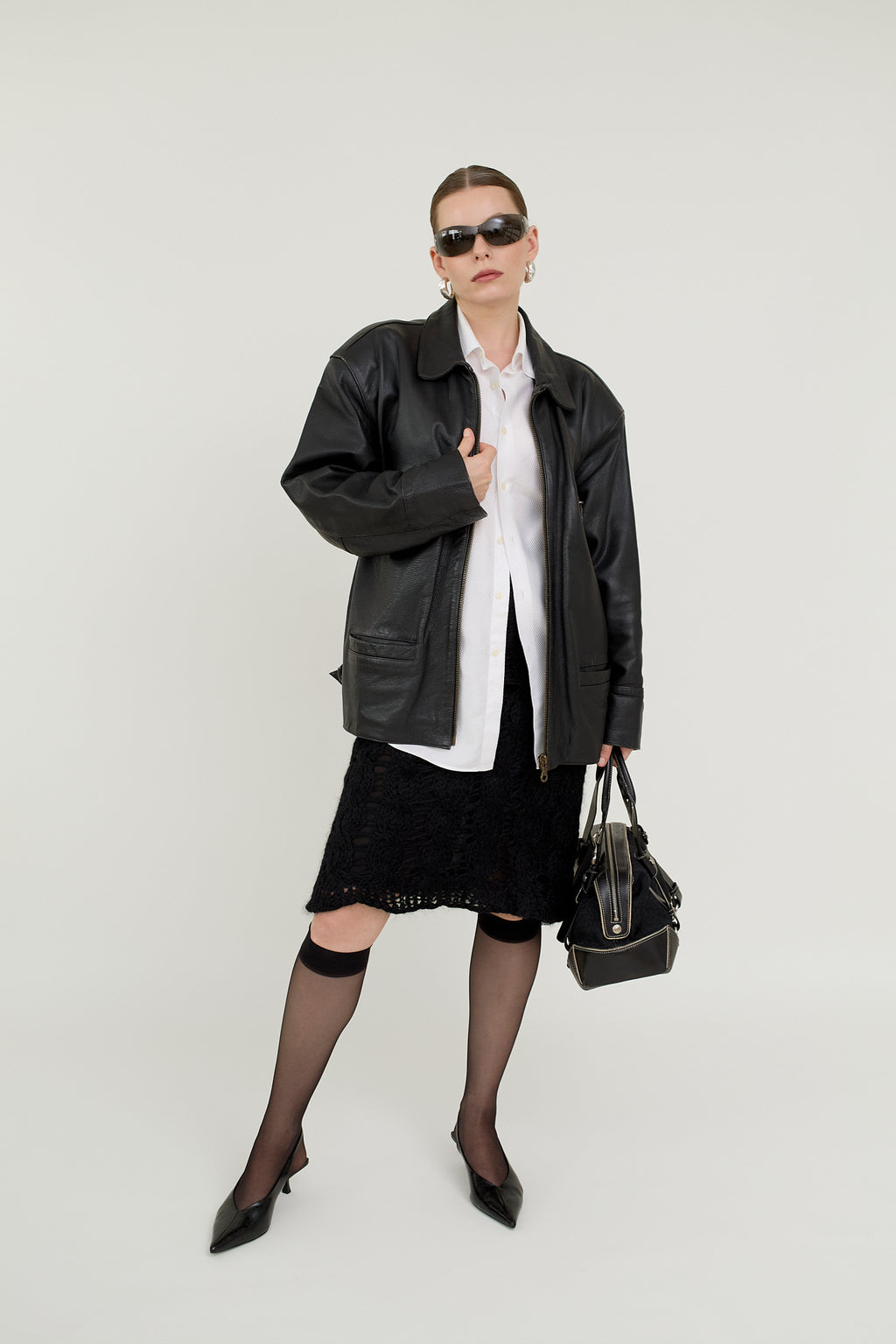 Black leather bomber jacket