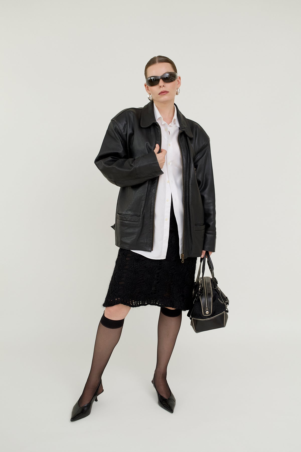 Black leather bomber jacket