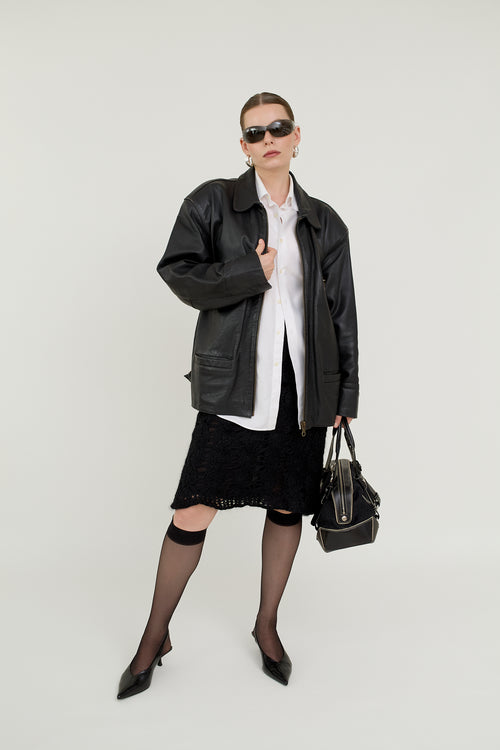 Black leather bomber jacket