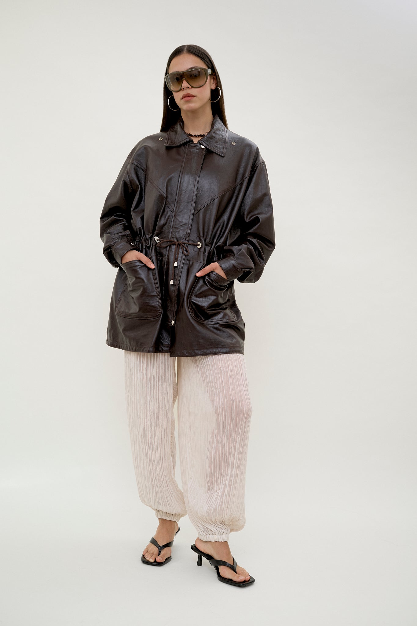 Dark brown leather parka
