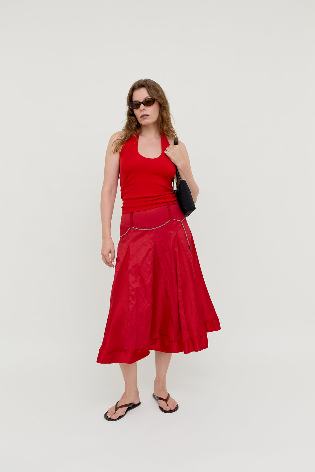Red silk A-line midi skirt