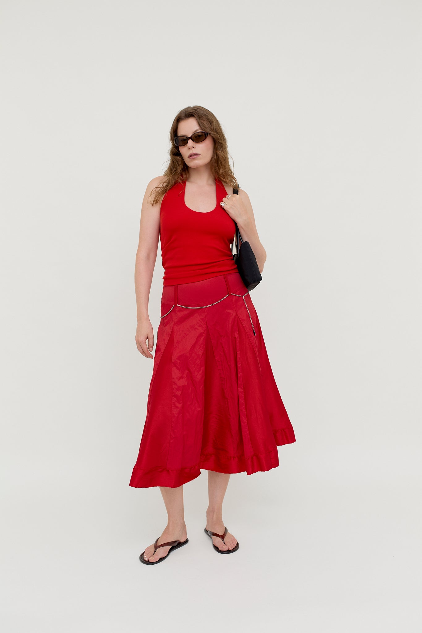 Red silk A-line midi skirt