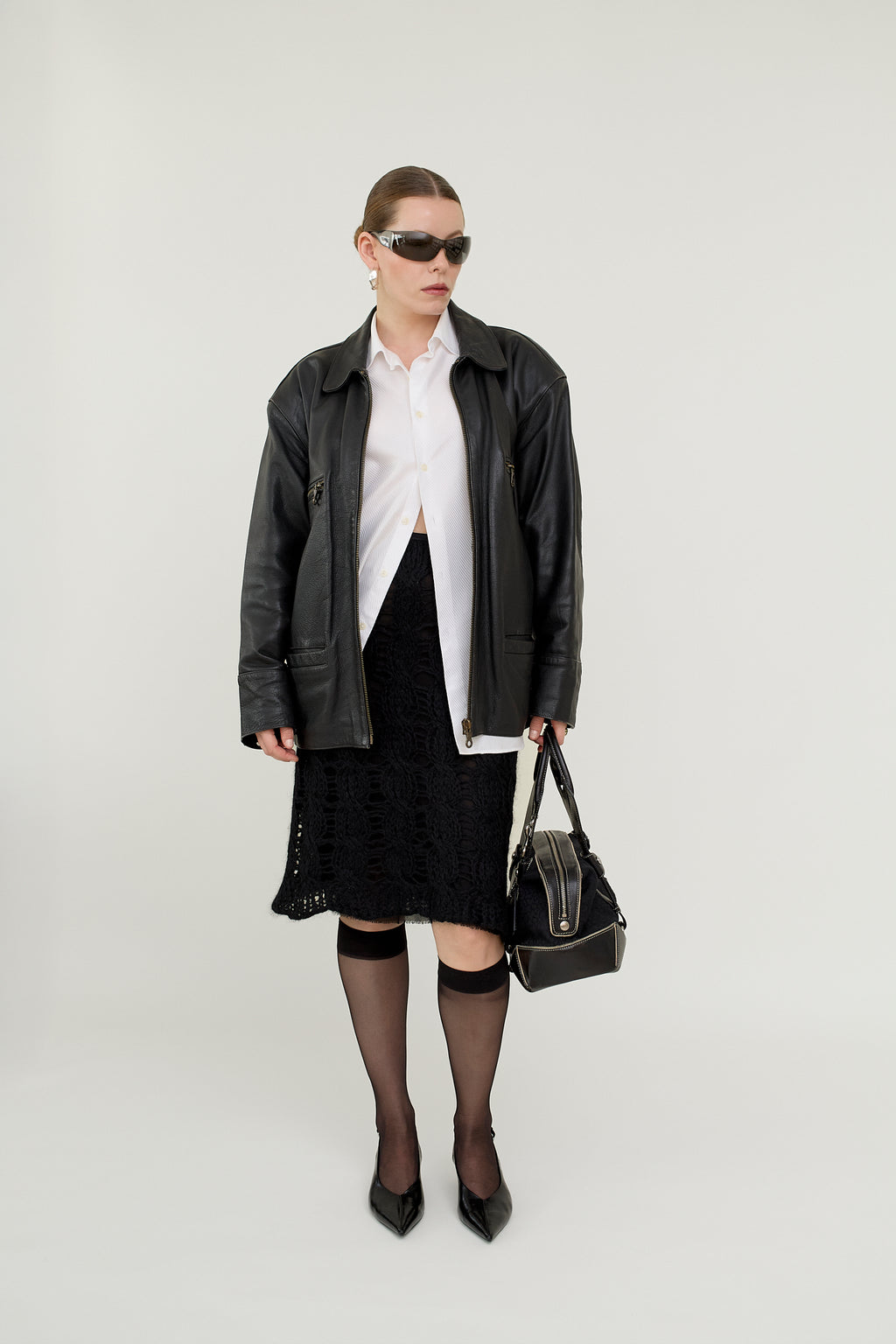 Black leather bomber jacket