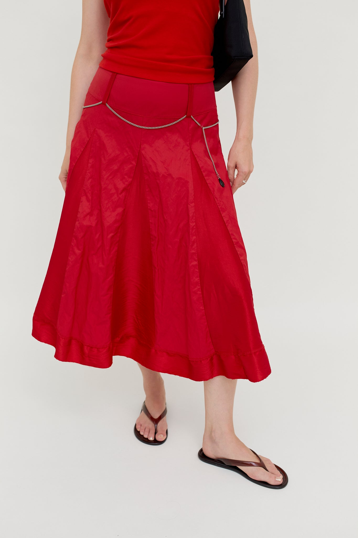 Red silk A-line midi skirt