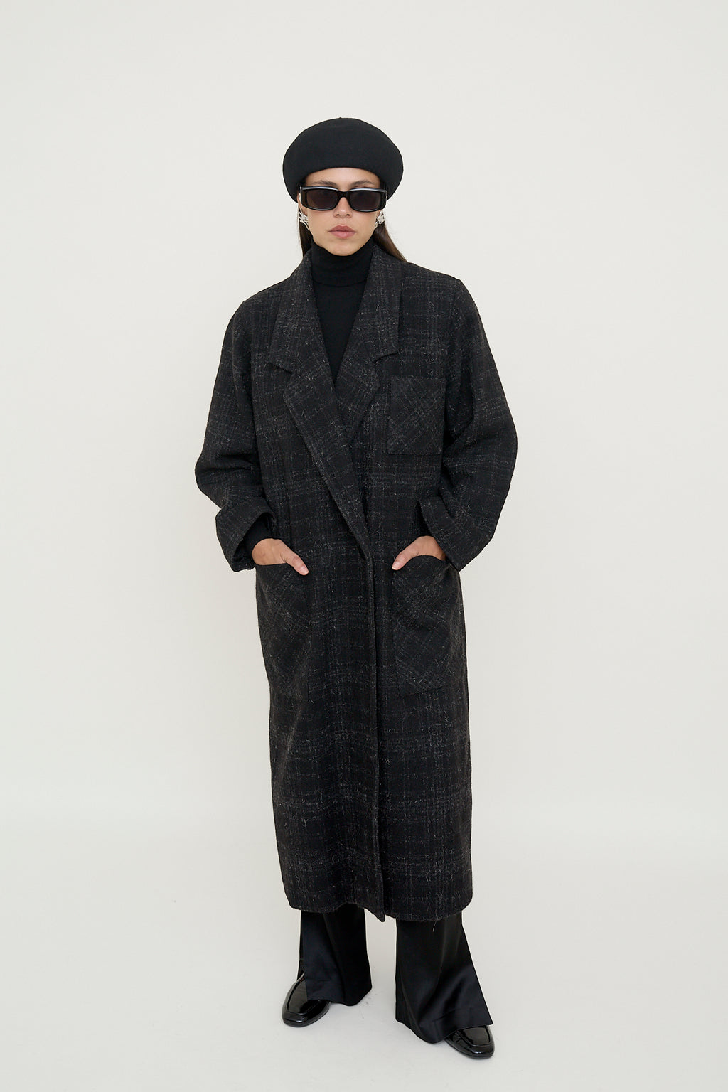 Dark plaid wool longline coat