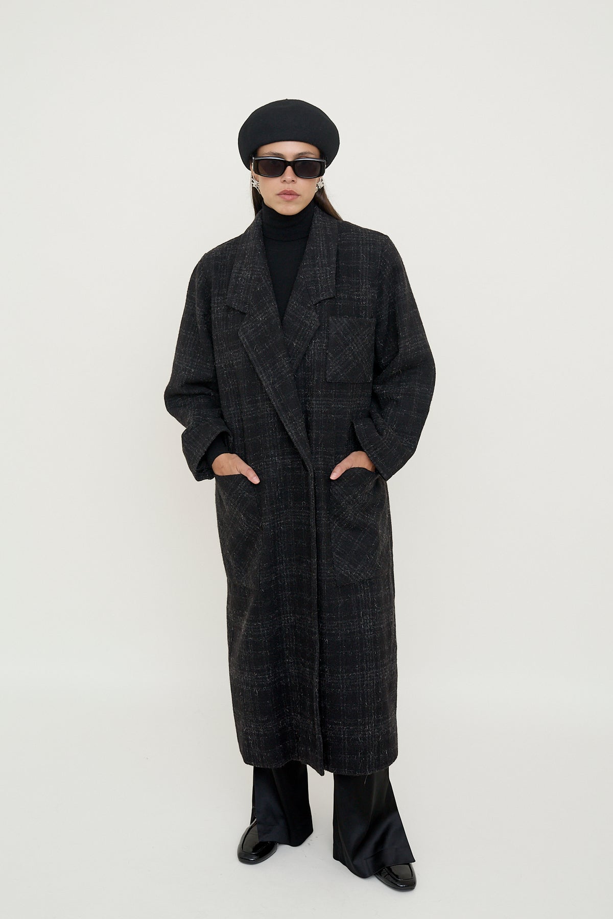 Dark plaid wool longline coat