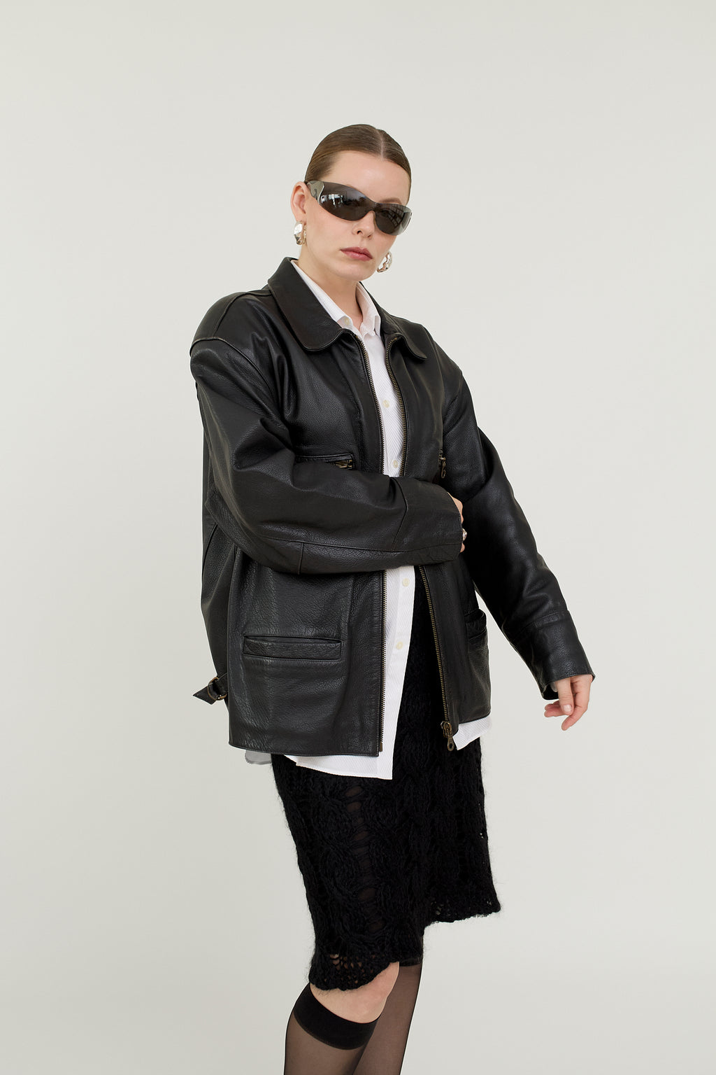 Black leather bomber jacket