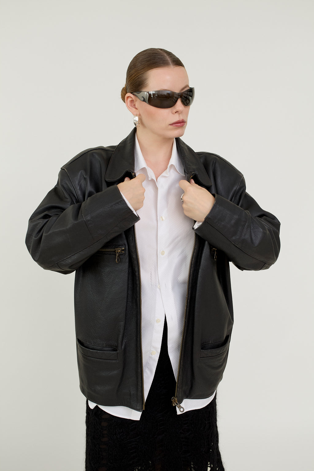 Black leather bomber jacket
