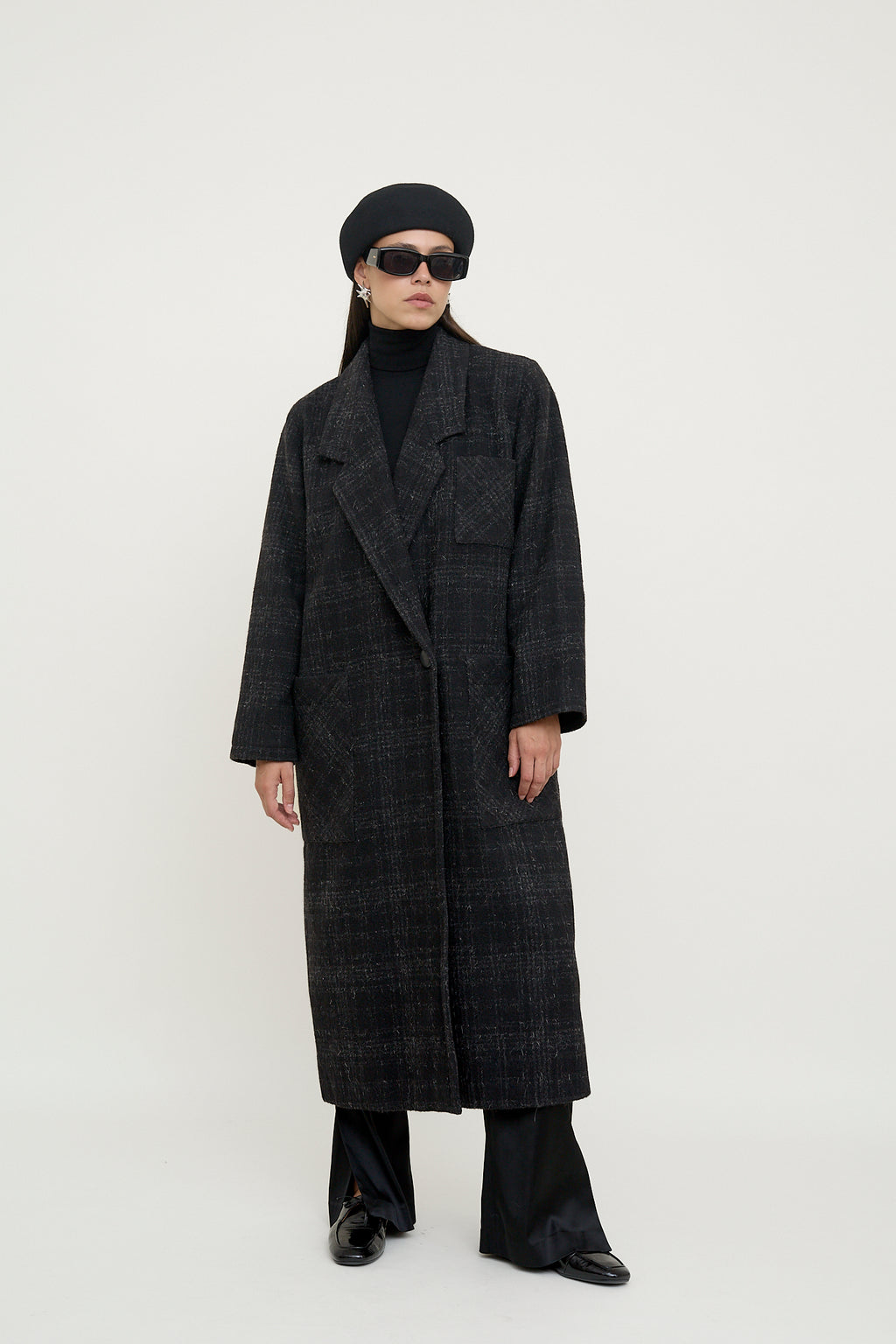 Dark plaid wool longline coat