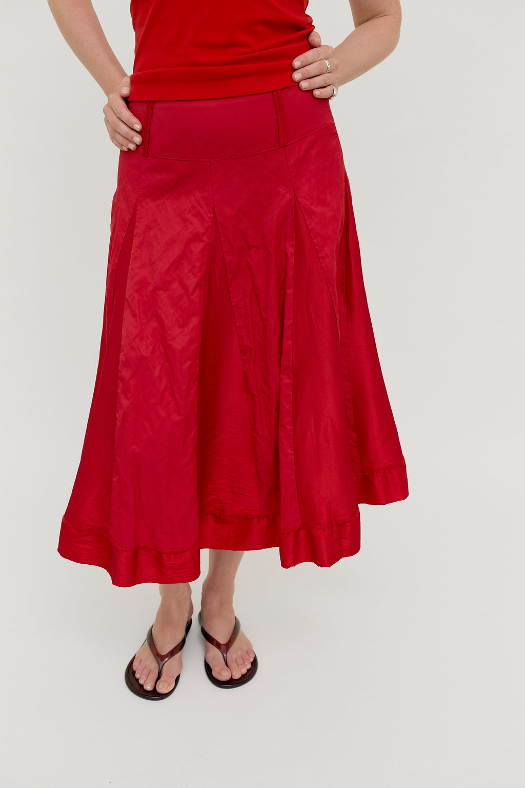 Red silk A-line midi skirt
