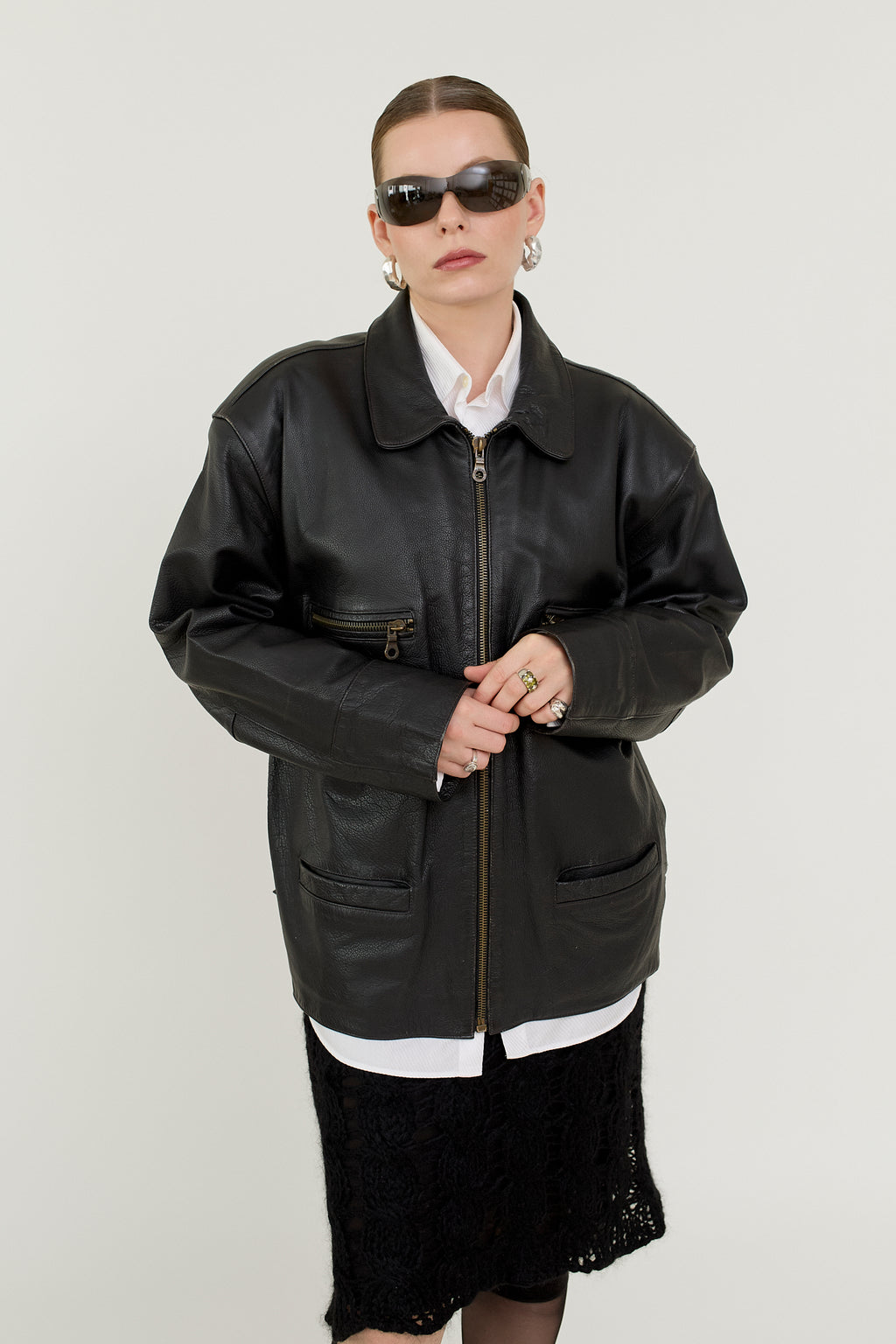 Black leather bomber jacket