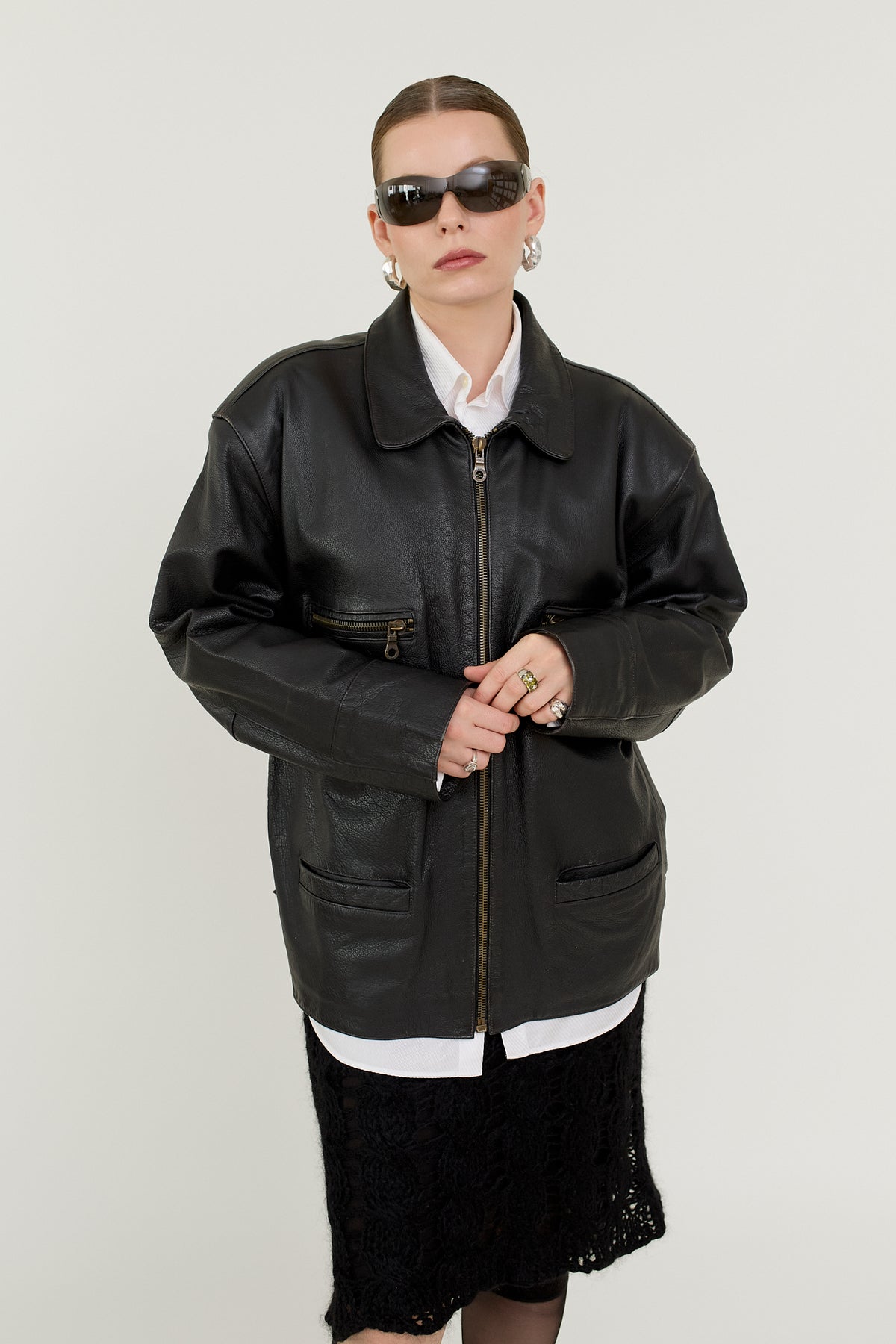 Black leather bomber jacket