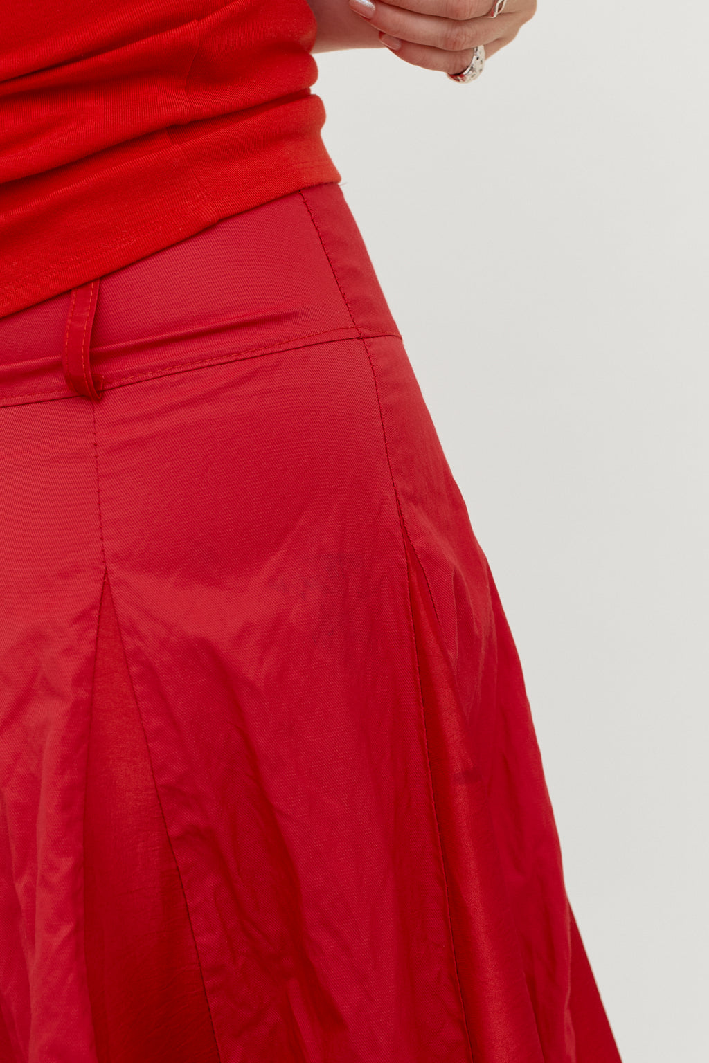 Red silk A-line midi skirt