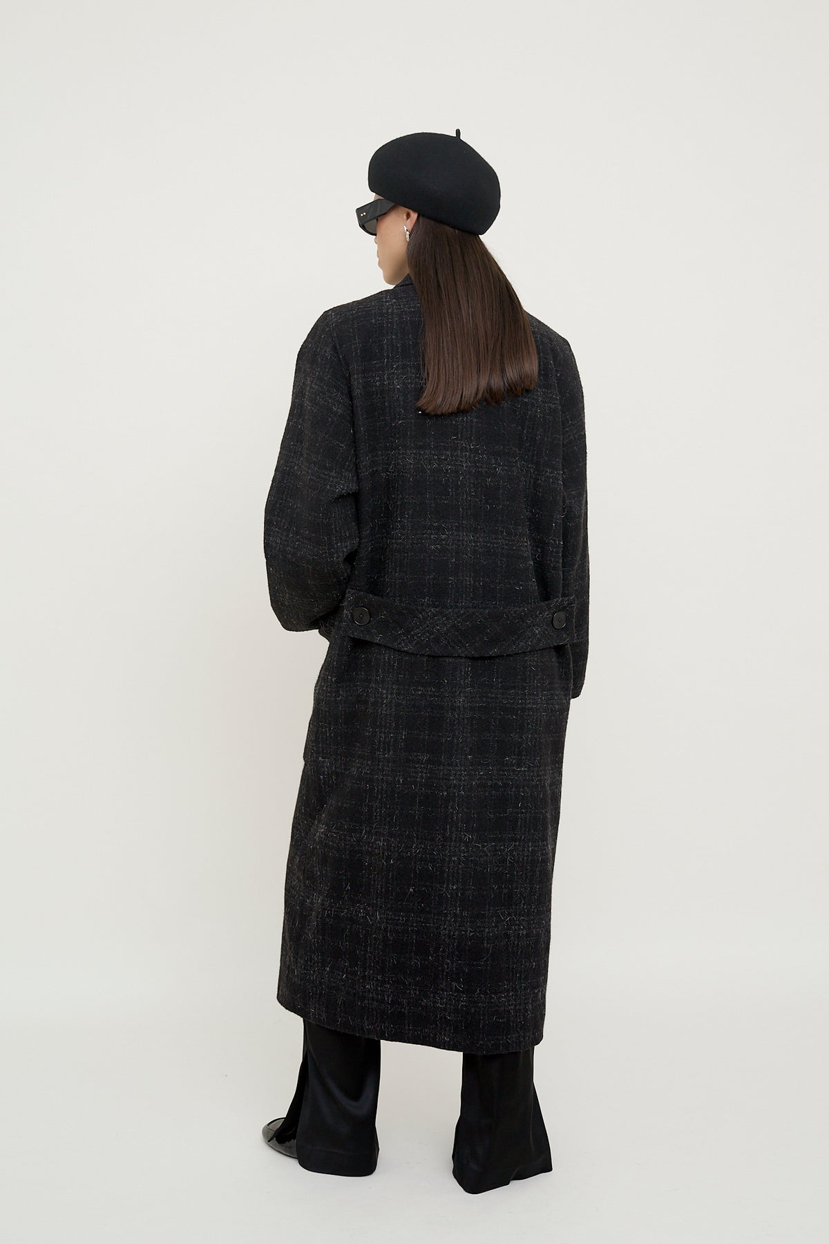 Dark plaid wool longline coat