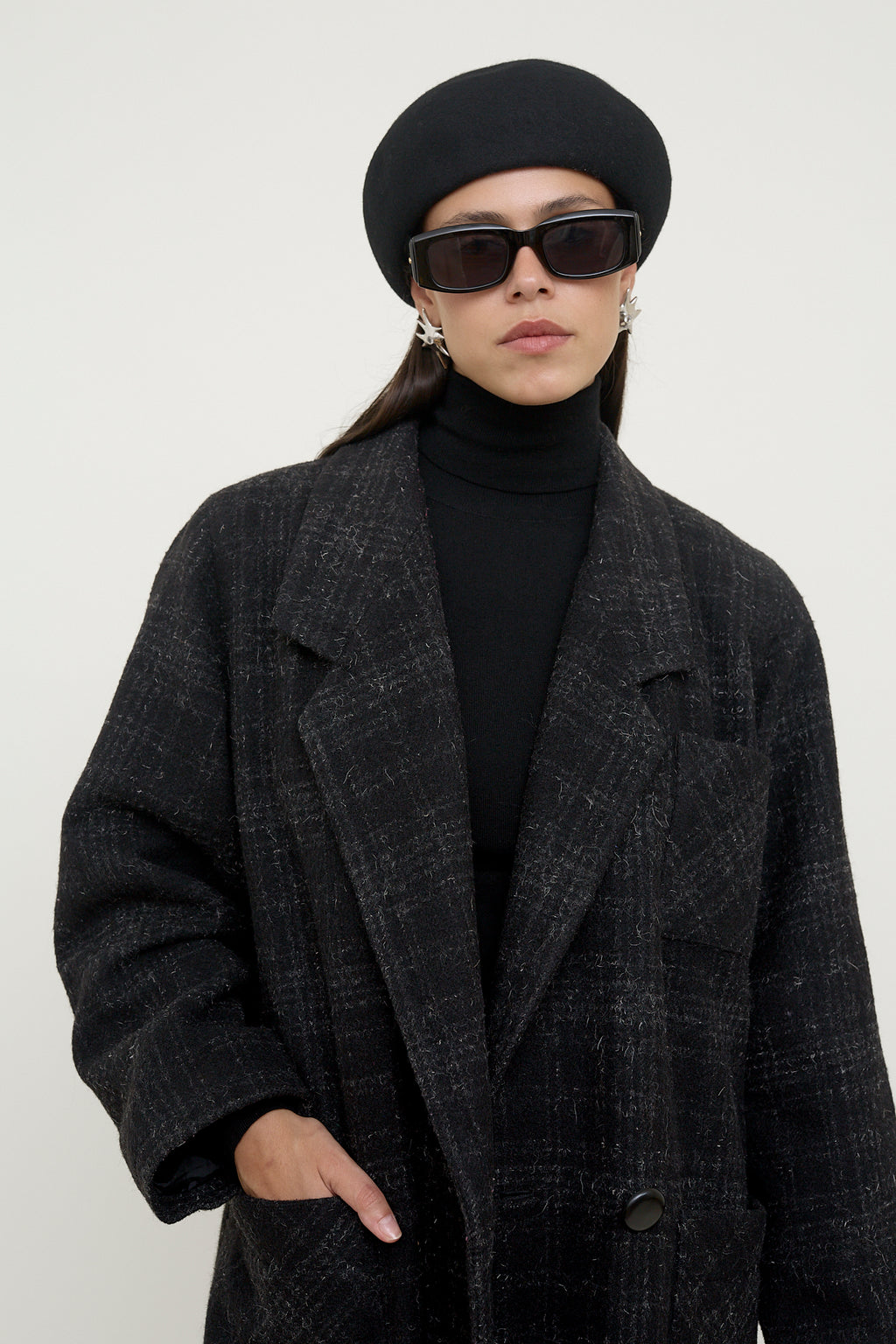 Dark plaid wool longline coat