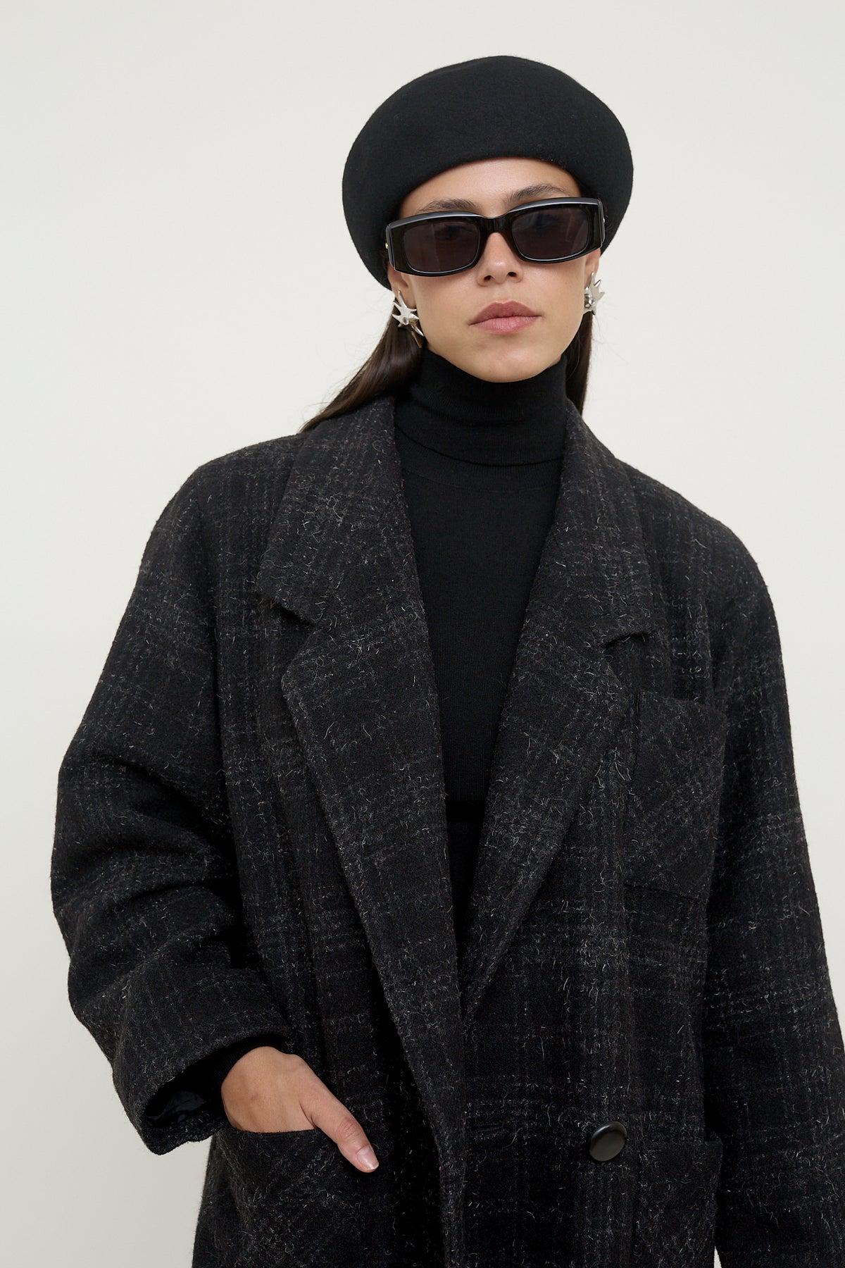 Dark plaid wool longline coat