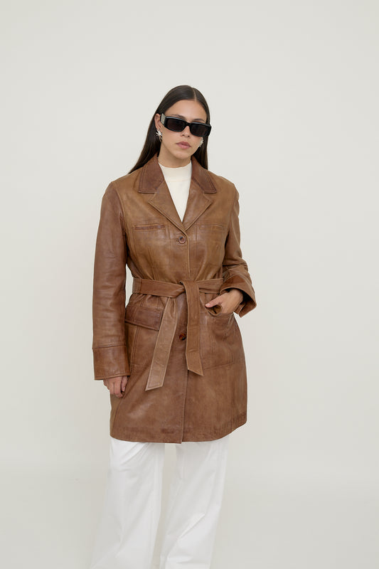 Brown leather coat with belt