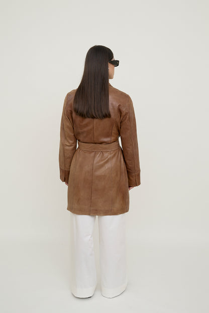 Brown leather coat with belt