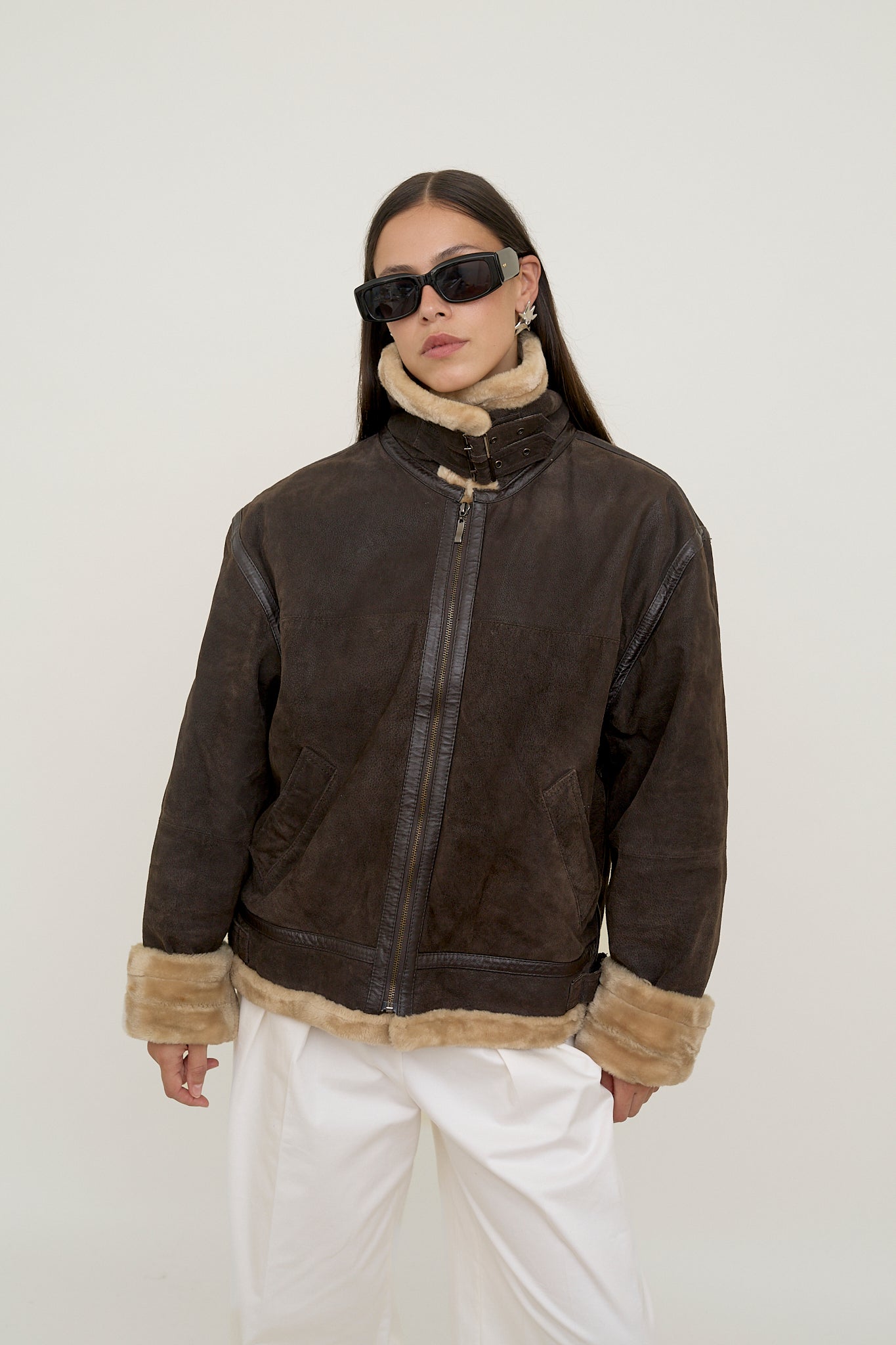 Sherpa-lined leather jacket