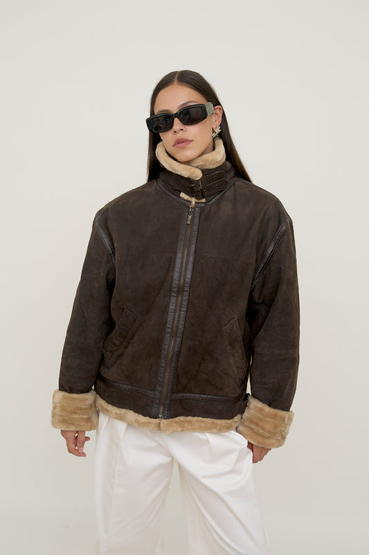 Sherpa-lined leather jacket